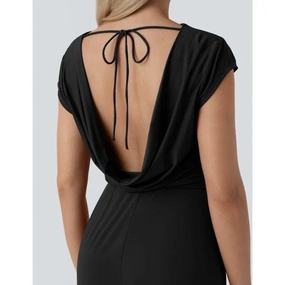 NWT Halara Tie Back Cowl Neck Cap Sleeve Maxi Dress Slip Black Yarn Small Witchy - Picture 3 of 9